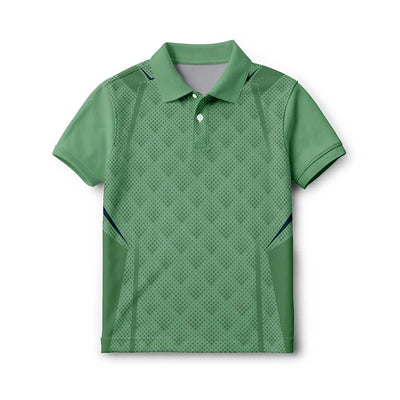 Front of the kids’ sage green with a small geometric pattern polo jersey, with short sleeves and a button collar.