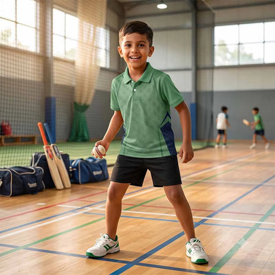 Child wearing the sage green with a small geometric pattern polo jersey with black shorts, holding a badminton racket indoors.