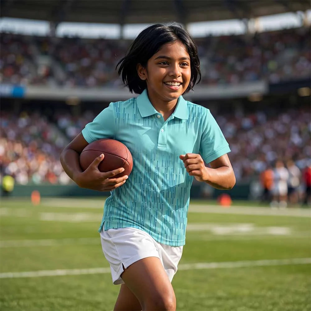 Child wearing a aqua with fine blue vertical lines polo jersey and white shorts, running with an oval ball.