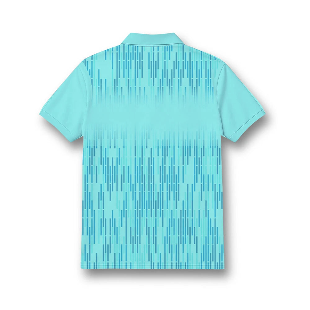 Back of the kids’ polo jersey showing the aqua with fine blue vertical lines design.
