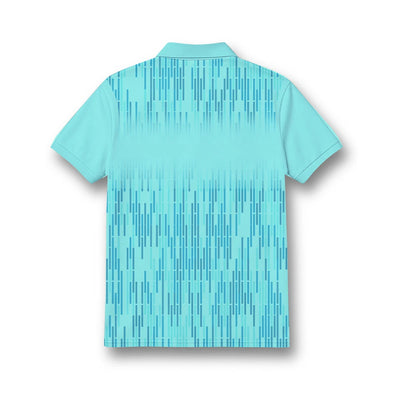 Back of the kids’ polo jersey showing the aqua with fine blue vertical lines design.