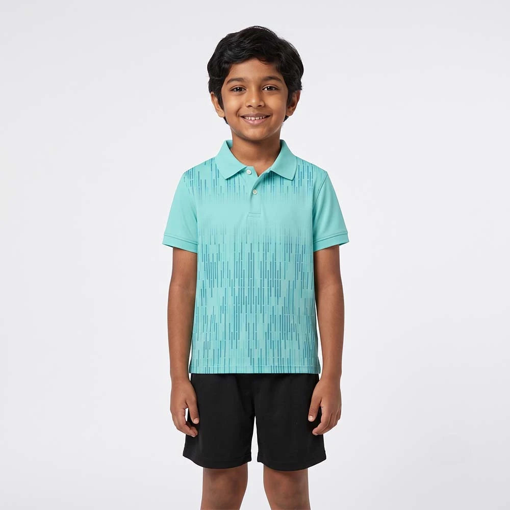 Child wearing the aqua with fine blue vertical lines polo jersey with black shorts, standing in a studio.