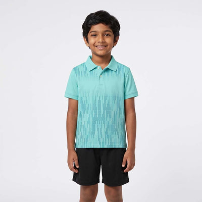 Child wearing the aqua with fine blue vertical lines polo jersey with black shorts, standing in a studio.