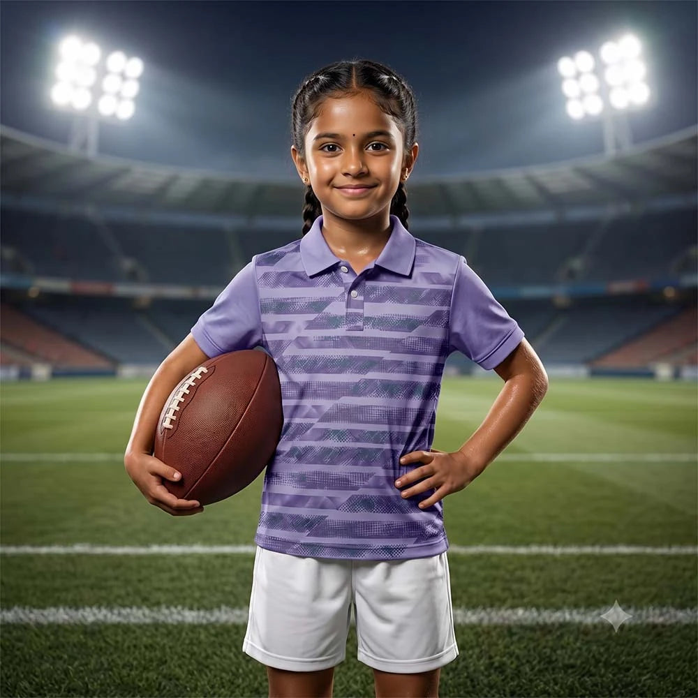 Child wearing a lavender grey with horizontal graphic stripes polo jersey and white shorts, holding an oval ball in a stadium.