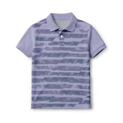 Front of the kids’ lavender grey with horizontal graphic stripes polo jersey, with short sleeves and a button collar.