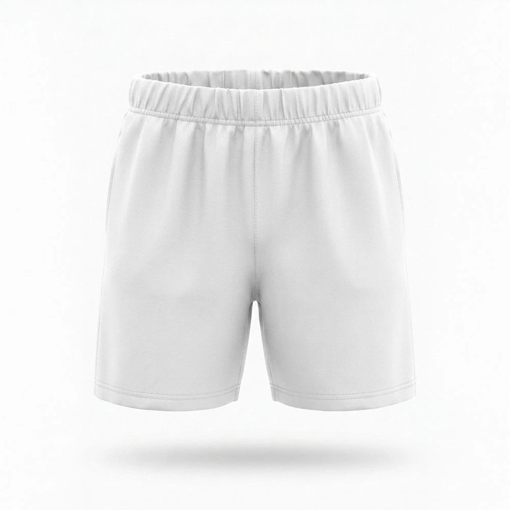 White kids’ sports shorts with an elastic waistband, front view.