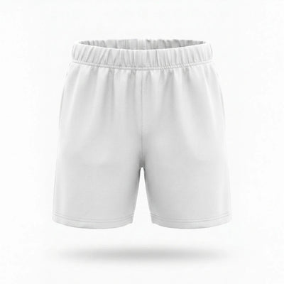 White kids’ sports shorts with an elastic waistband, front view.