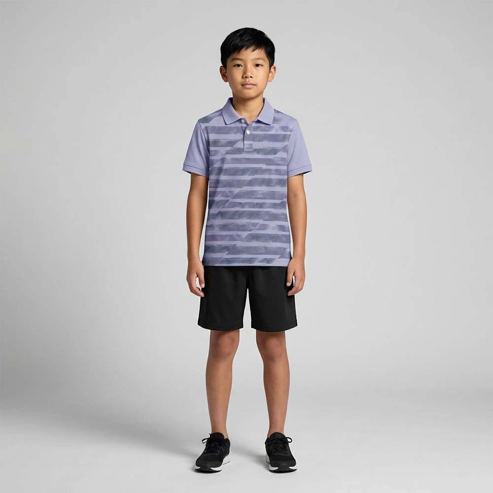 Child wearing the lavender grey with horizontal graphic stripes polo jersey with black shorts, standing in a studio.