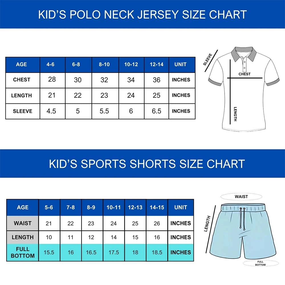Kids’ polo jersey and sports shorts size charts, showing chest, length, sleeve, waist and leg-opening measurements in inches.