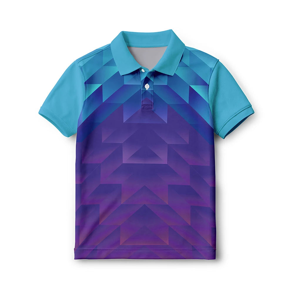Front of the kids’ turquoise and purple angular graphics polo jersey, with short sleeves and a button collar.