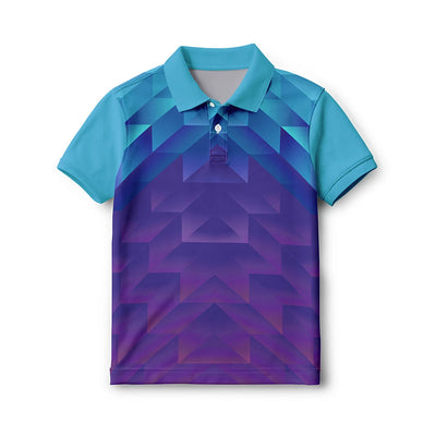 Front of the kids’ turquoise and purple angular graphics polo jersey, with short sleeves and a button collar.