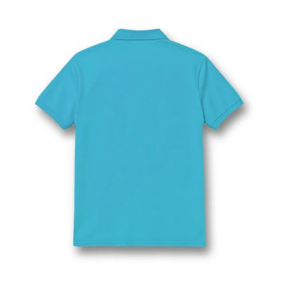 Back of the kids’ polo jersey showing the plain turquoise design.