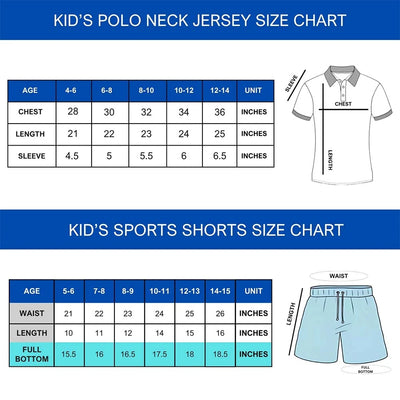 Kids’ polo jersey and sports shorts size charts, showing chest, length, sleeve, waist and leg-opening measurements in inches.
