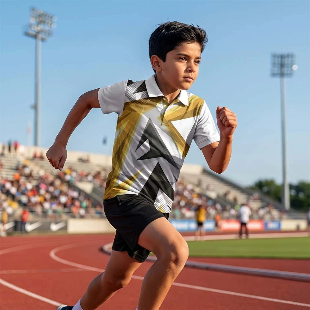Child wearing a white with gold, black and grey angular graphics polo jersey and black shorts, running on a track.