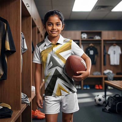 Child wearing the white with gold, black and grey angular graphics polo jersey with white shorts, holding an oval ball indoors.