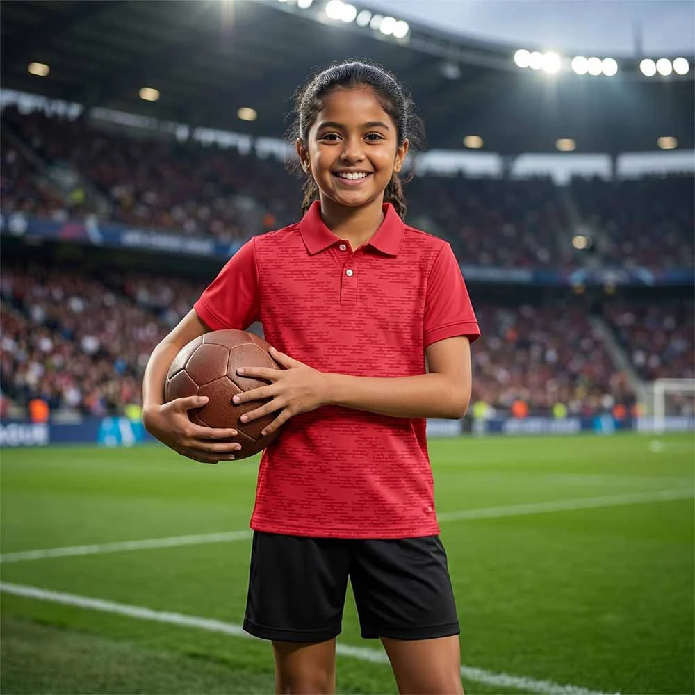 Child wearing a red with a fine tonal pattern polo jersey and black shorts, holding an oval ball in a stadium.