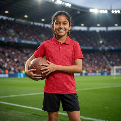 Child wearing a red with a fine tonal pattern polo jersey and black shorts, holding an oval ball in a stadium.