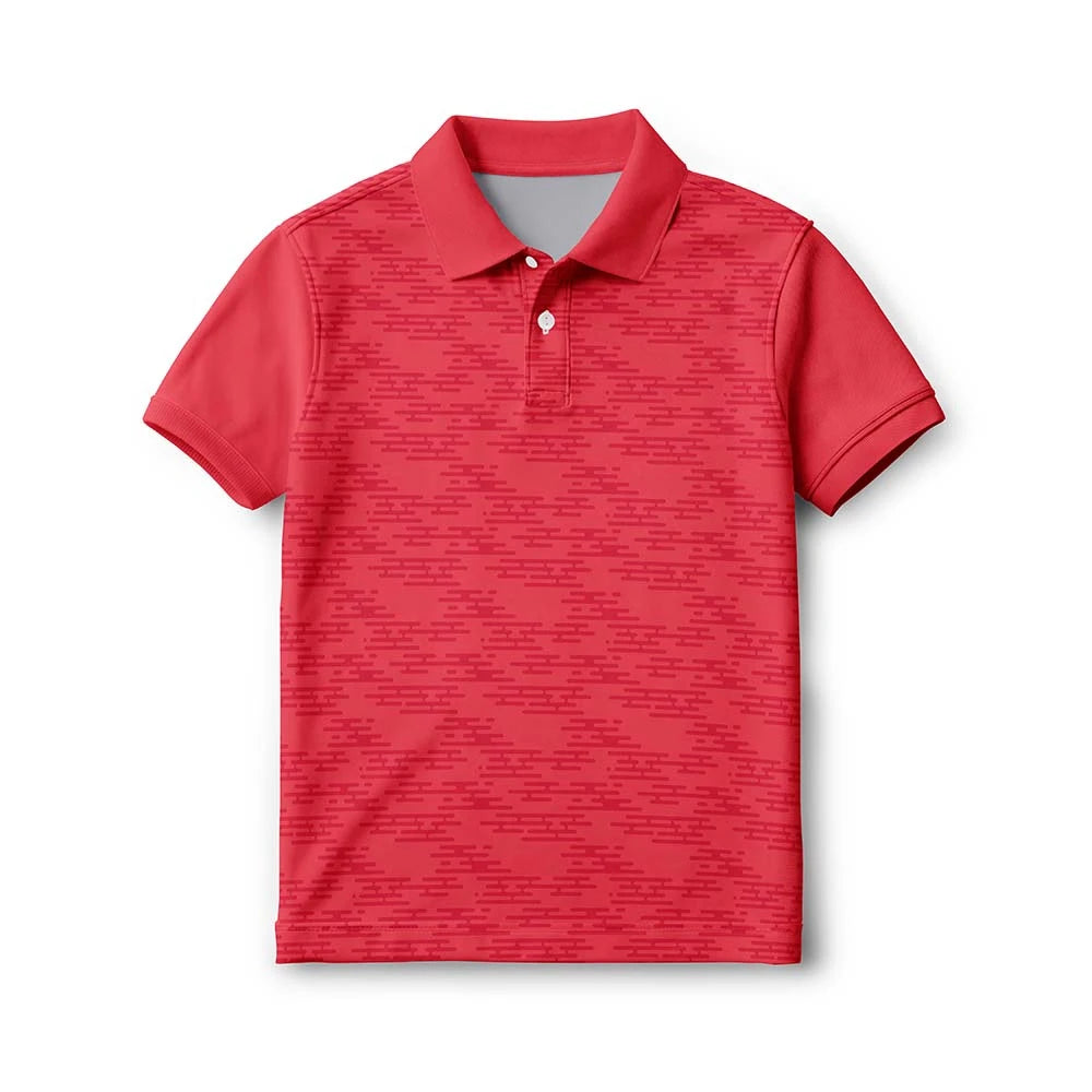 Front of the kids’ red with a fine tonal pattern polo jersey, with short sleeves and a button collar.