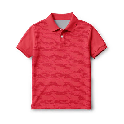 Front of the kids’ red with a fine tonal pattern polo jersey, with short sleeves and a button collar.