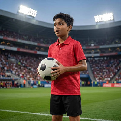 Child wearing the red with a fine tonal pattern polo jersey with black shorts, holding a football.
