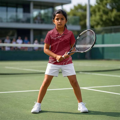 Child wearing a maroon with white angular accents polo jersey and white shorts, holding a tennis racket on court.