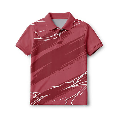 Front of the kids’ maroon with white angular accents polo jersey, with short sleeves and a button collar.