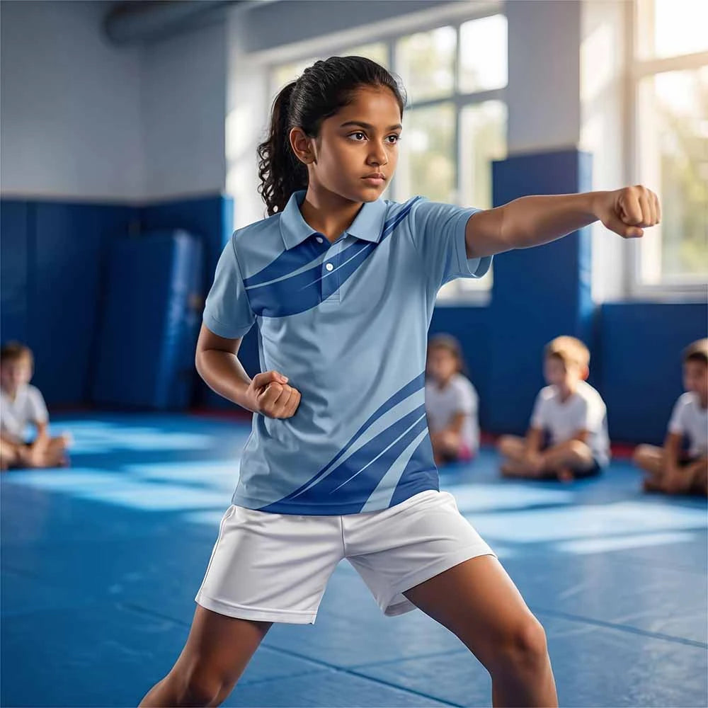 Child wearing a light blue with sweeping royal blue bands polo jersey and white shorts, practising in a sports hall.