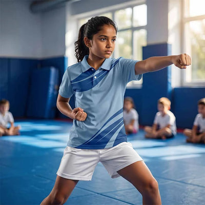 Child wearing a light blue with sweeping royal blue bands polo jersey and white shorts, practising in a sports hall.