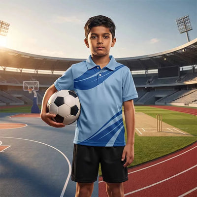 Child wearing the light blue with sweeping royal blue bands polo jersey with black shorts, holding a football by a track.