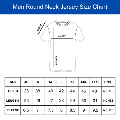 Men's round neck jersey size chart: XS to 3XL chest, length and sleeve measurements in inches