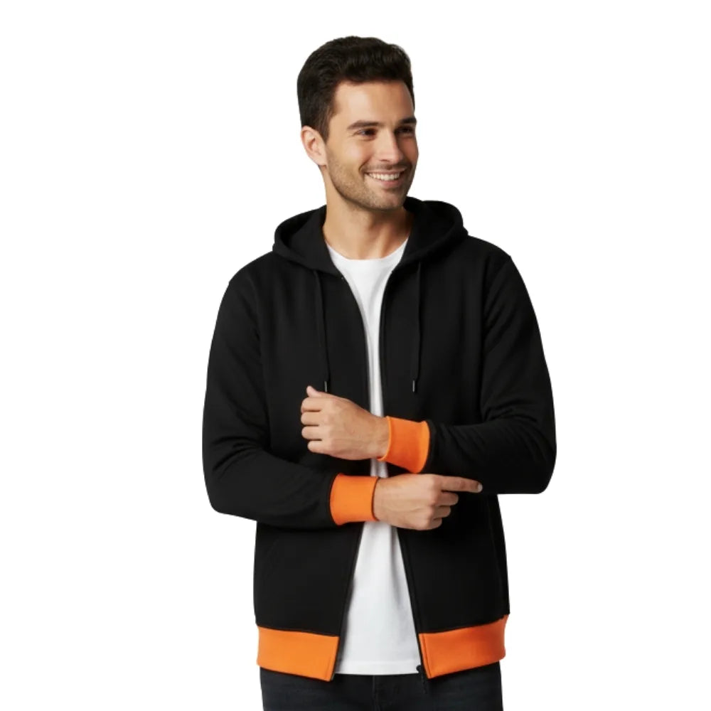 black orange zipper hoodie jacket, winter zip up hoodie for men, slim fit hooded jacket, cotton blend hoodie jacket for winter, affordable gym wear jacket, warm zipper hoodie for men, contrast color hooded jacket, casual zip hoodie for men, streetwear hoodie jacket, full zip hooded sweatshirt men