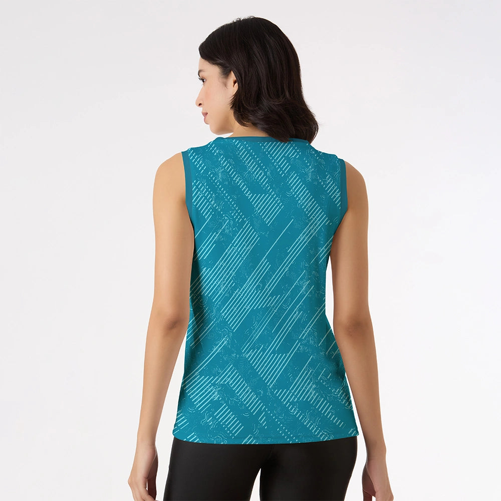 women's teal tank top, sleeveless activewear, geometric print top, workout tank for women, yoga wear, breathable gym top, ladies fitness top, moisture-wicking top, stretch tank, stylish gym wear