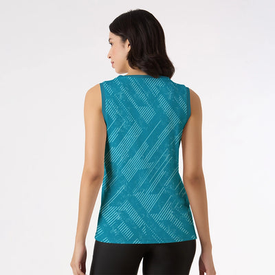 women's teal tank top, sleeveless activewear, geometric print top, workout tank for women, yoga wear, breathable gym top, ladies fitness top, moisture-wicking top, stretch tank, stylish gym wear