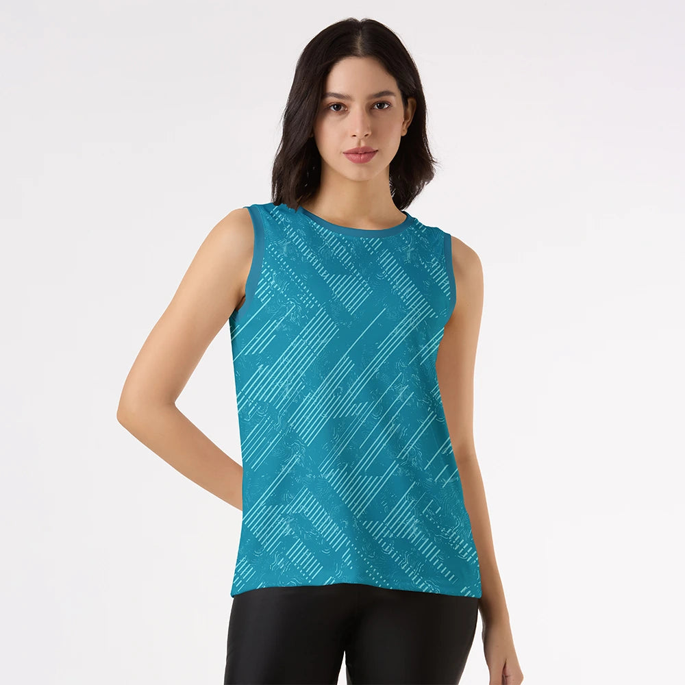women's teal tank top, sleeveless activewear, geometric print top, workout tank for women, yoga wear, breathable gym top, ladies fitness top, moisture-wicking top, stretch tank, stylish gym wear