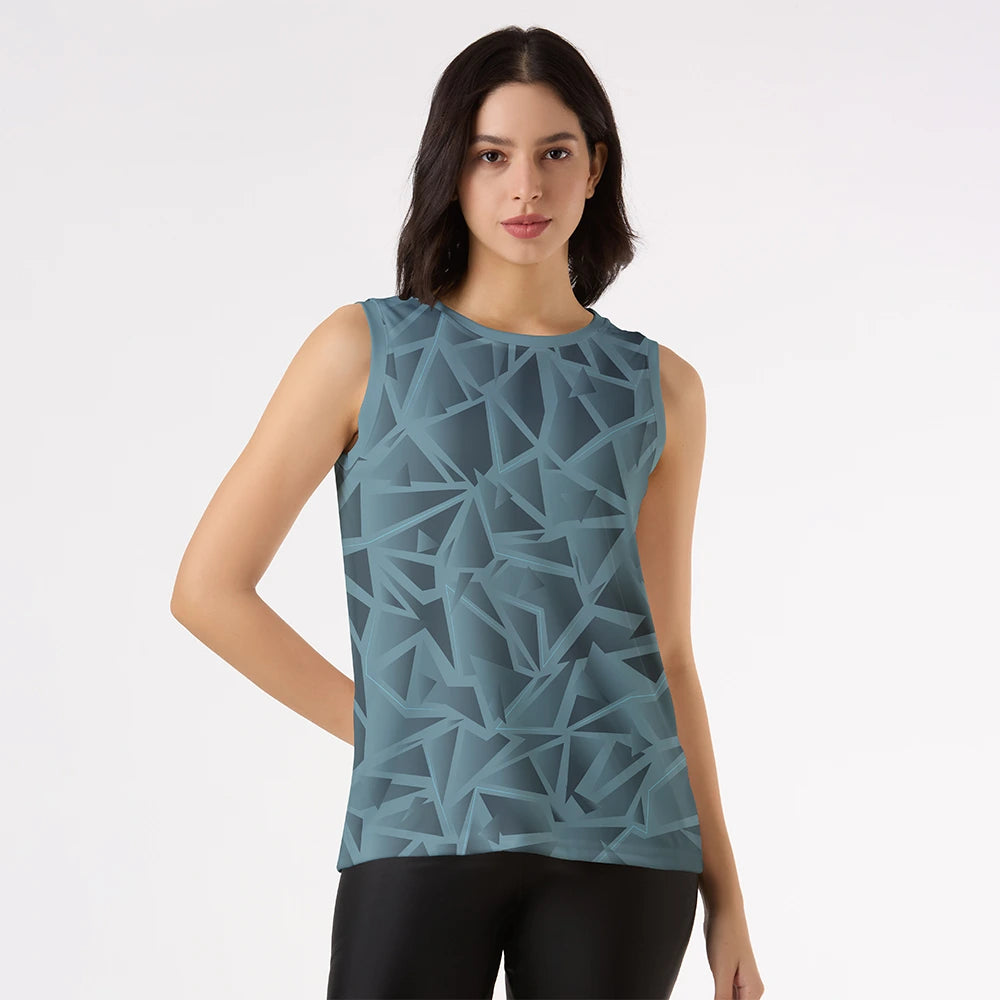 women's sleeveless top, blue tank top, abstract print activewear, modern workout wear, casual gym wear, breathable sports top, fitness fashion for women, stylish active tank, geometric pattern tee, sleeveless workout t-shirt