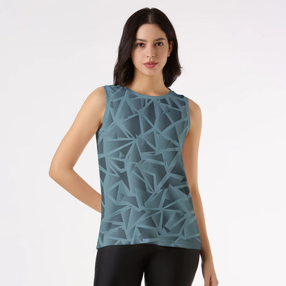 women's sleeveless top, blue tank top, abstract print activewear, modern workout wear, casual gym wear, breathable sports top, fitness fashion for women, stylish active tank, geometric pattern tee, sleeveless workout t-shirt