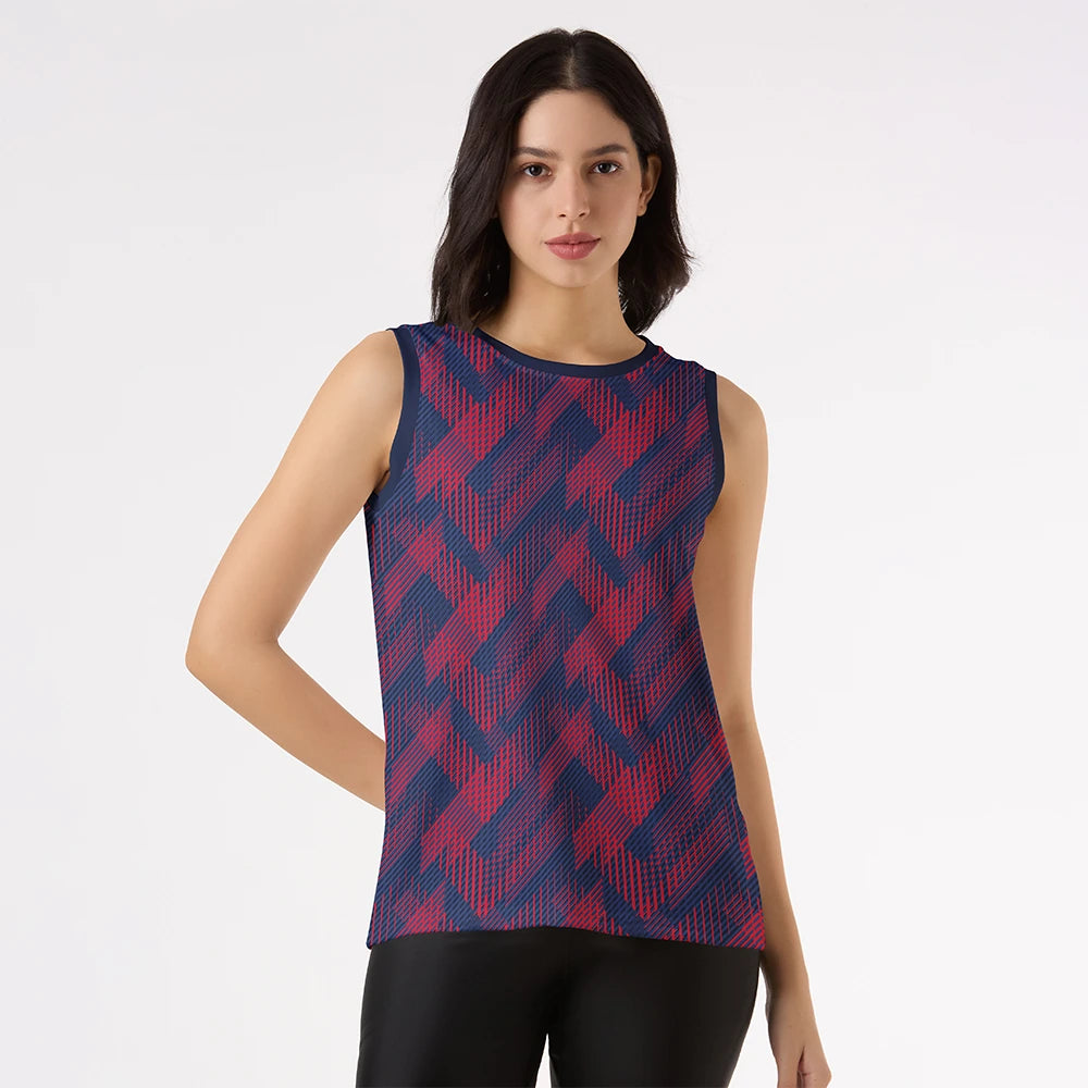 women's tank top, printed tank top, sleeveless singlet, navy red top, geometric print top, ladies summer tank, breathable workout top, fashion tank top, stylish gym wear, casual women's singlet
