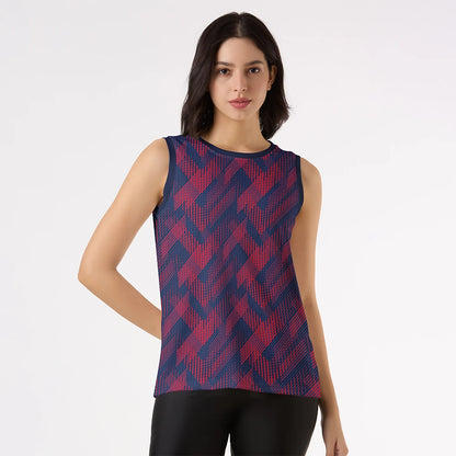 women's tank top, printed tank top, sleeveless singlet, navy red top, geometric print top, ladies summer tank, breathable workout top, fashion tank top, stylish gym wear, casual women's singlet
