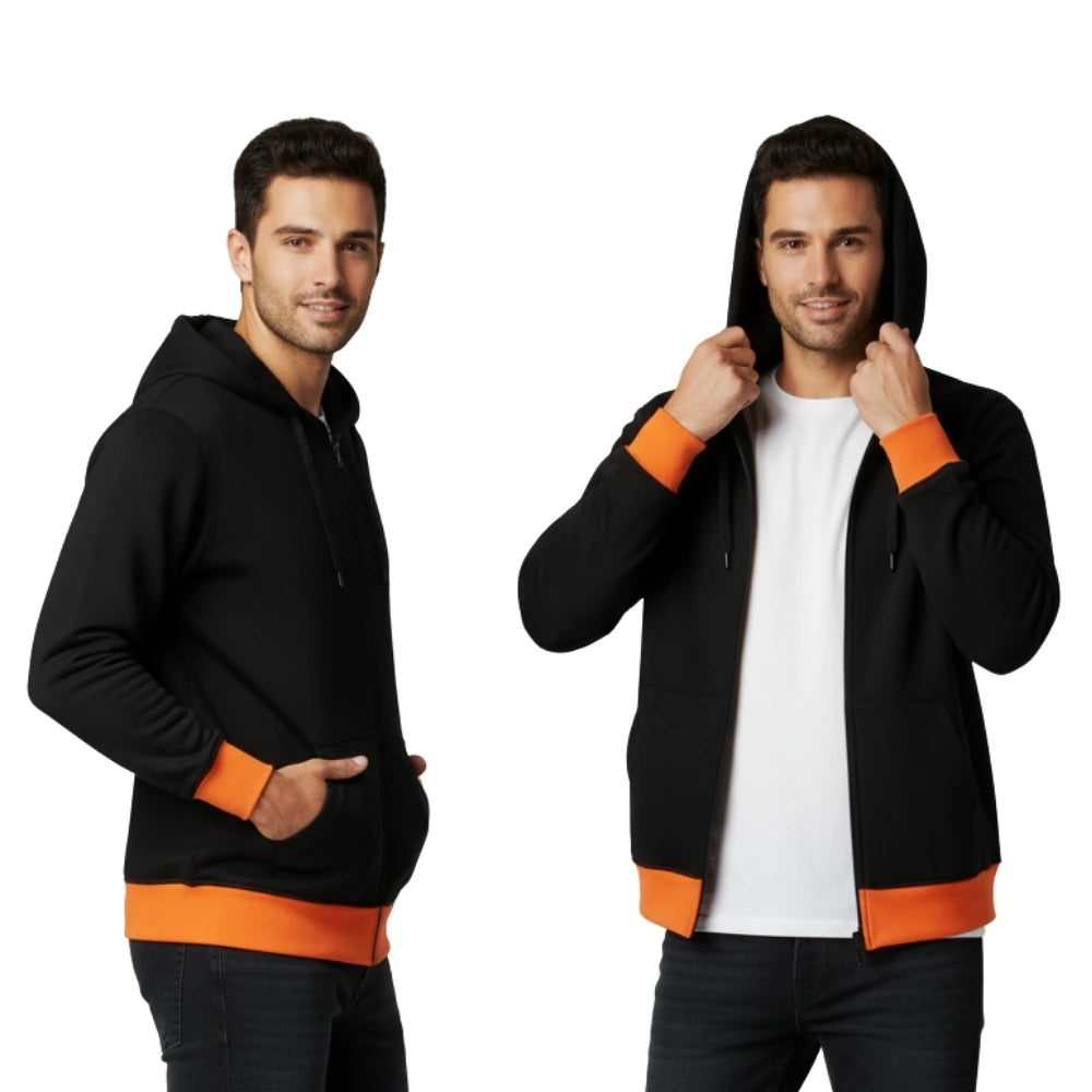 black orange zipper hoodie jacket, winter zip up hoodie for men, slim fit hooded jacket, cotton blend hoodie jacket for winter, affordable gym wear jacket, warm zipper hoodie for men, contrast color hooded jacket, casual zip hoodie for men, streetwear hoodie jacket, full zip hooded sweatshirt men
